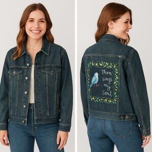 Structure Denim Jacket Sz Med Hand Painted Bird Design "Then Sings My Soul" EUC